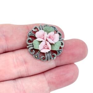 Vintage IBB Thailand Sterling Silver 925 Marcasite Porcelain Rose Brooch